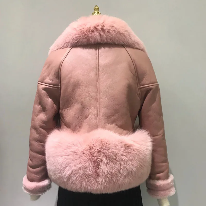 Зимняя куртка, пальто для женщин, бренд, двустороннее меховое пальто с воротником из лисьего меха, Черная Натуральная овечья кожа, куртка с шерстяной подкладкой - Цвет: Розовый