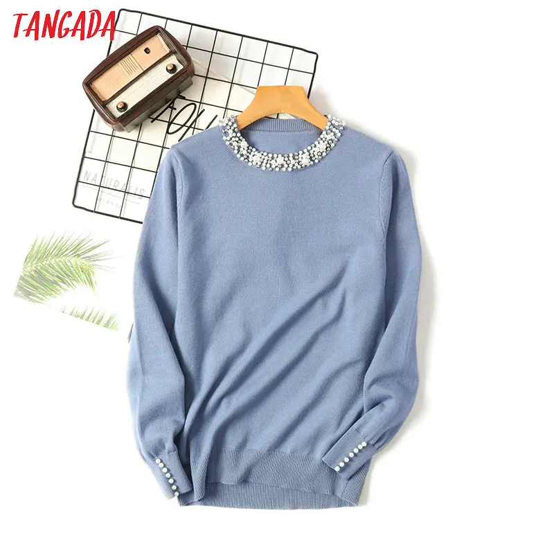 Online Tangada Herbst Winter Frauen Perlen Neck Pullover 2019 casaco feminino elegante dame pullover Jumper Casual Warme pull femme AQX11