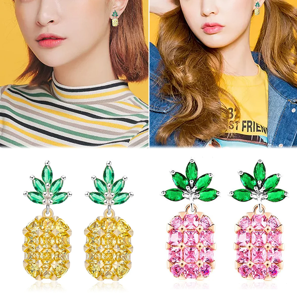 Womens Girls Cute Bling Gold Pink Fruit Pineapple Crystal Ear Stud Earring