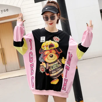 

Large size 2019 spring new loose cartoon dog color matching skirt long paragraph hooded shirt long-sleeved T-shirt female