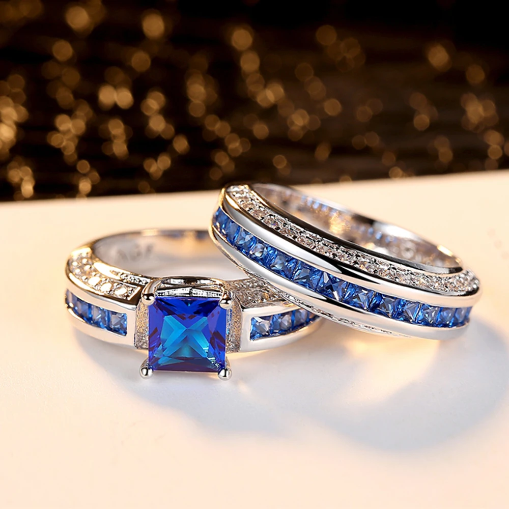 

Beiver Blue Color Crystals CZ Stone Set of Rings Luxurious Set Ring For Women Engagement Wedding Party Ring Jewelry Accessory