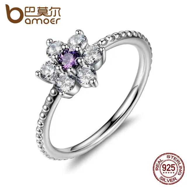 BAMOER 925 Sterling Silver Finger Rings Forget Me Not, Purple & Clear CZ Ring Fe BAMOER 925 Sterling Silver Finger Rings Forget Me Not, Purple & Clear CZ Ring Fe