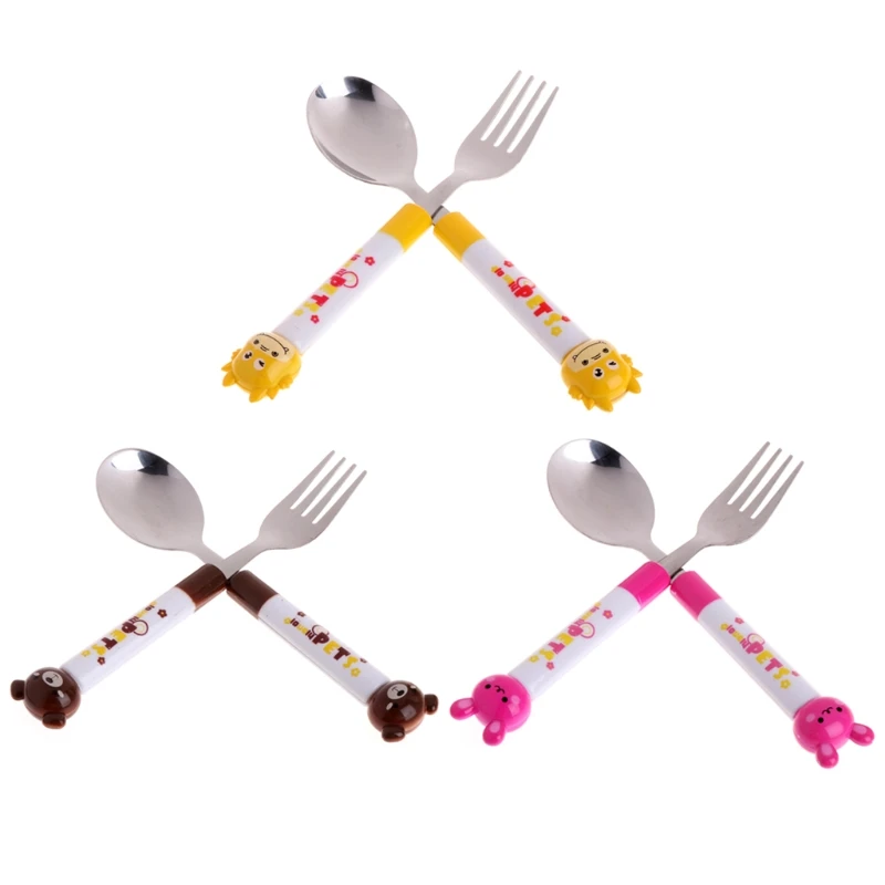 

2Pcs Cartoon Baby Safety Stainless Steel Spoon Fork Set Kids Feeding Tableware