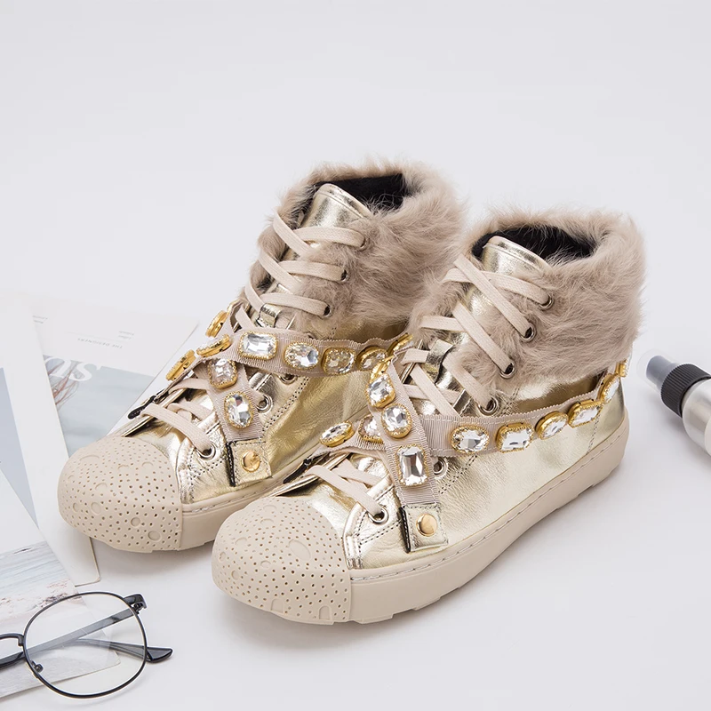 EXCARGO Genuine Leather Sneakers Shoes Woman Rhinestone 2019 Spring Velvet Fur Warm Female Casual Shoes Flat Sneakers Crystal 40
