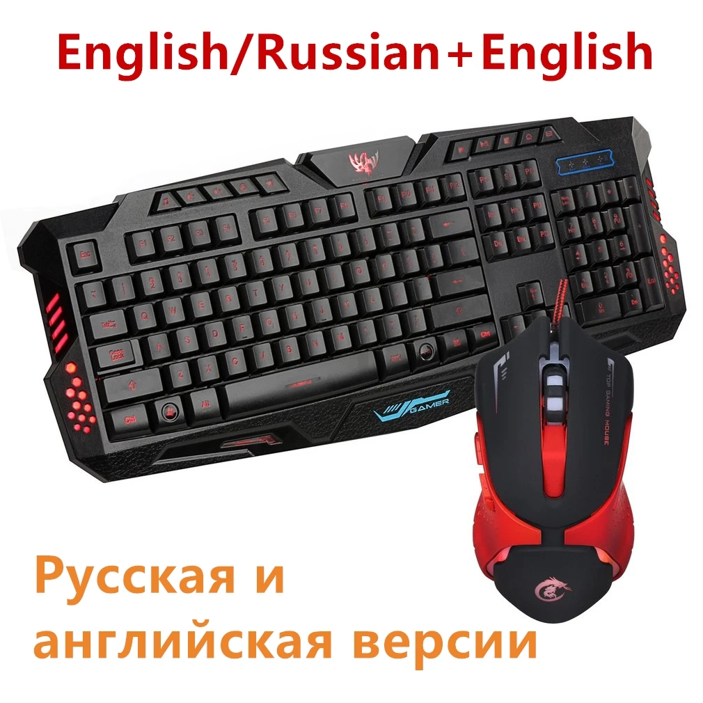 

Russian/English Keyboard Changeable LED 3-Color Luminous Backlit Multimedia Ergonomic Gaming Keyboard & Mouse Set for Gamer 2019