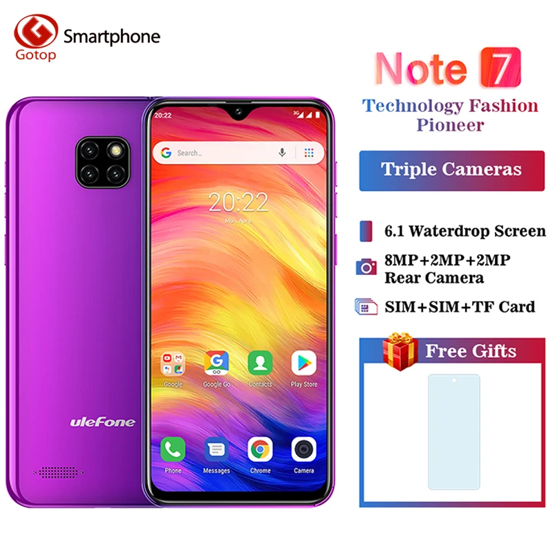 Смартфон Ulefone Note 7, 6,1 дюймов, 1 ГБ ОЗУ, 16 Гб ПЗУ, четырехъядерный процессор MT6580A, 3500 мАч, с функцией распознавания лица, три тыловые камеры, мобильный телефон Android GO