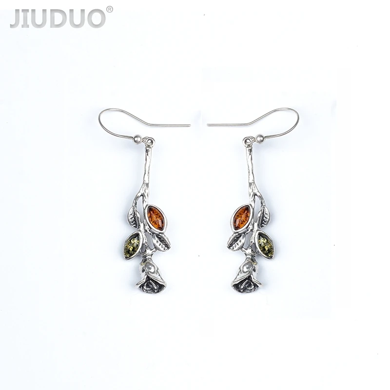

Natural Amber Earrings 925 Sterling Silver Fashion Ethnic Jewelry Drop Earrings For Women