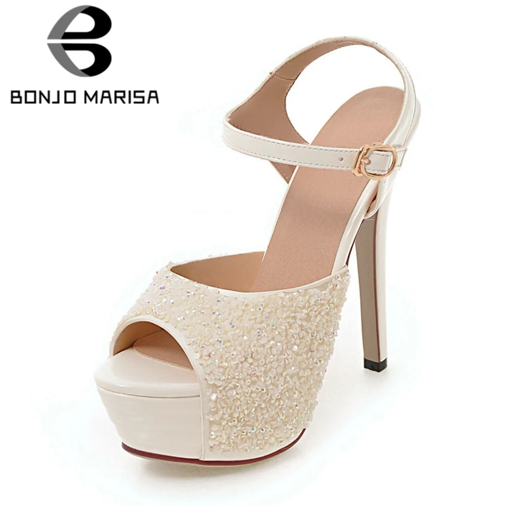 

BONJOMARISA Sexy Big Size 32-43 Peep Toe Shining Summer Platform Sandals Women Glitters Party Shoes Super High Heels Shoes Woman