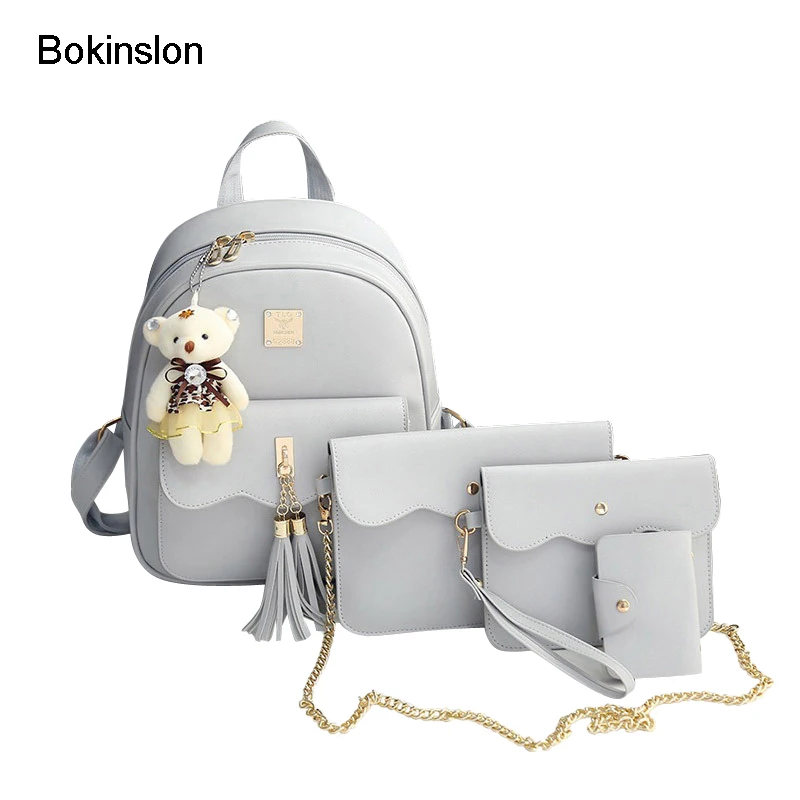 Bokinslon Women Composite Bag Casual Tassel Woman PU Leather Bags Fashion Solid Color Female Bacpacks Bags