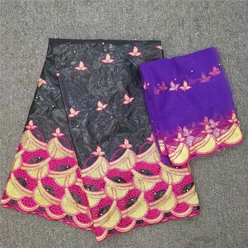 

African white bazin riche getzner 5 yards and french lace 2 yards black fabric high quality african lace for dress hl14-81