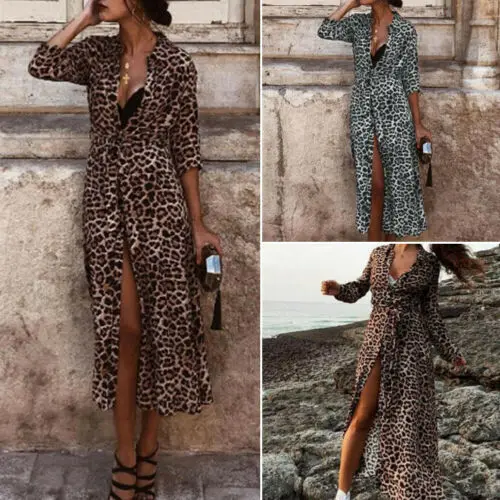 

Women Boho Leopard Long Sleeve V Neck Maxi Dress Party Beach Dresses Female Ladies Summer New Arrival Sundress