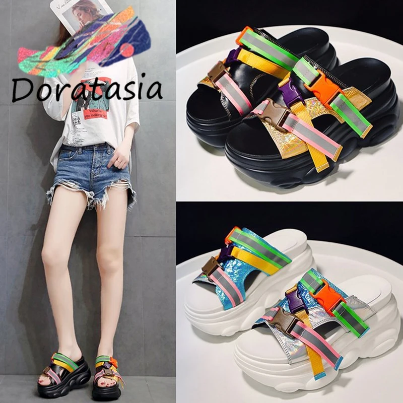 

DORATASIA New INS Hot Girl Colored Buckle Thick Platform Slippers Women 2019 Summer Casual Slides Women High Shoes Woman