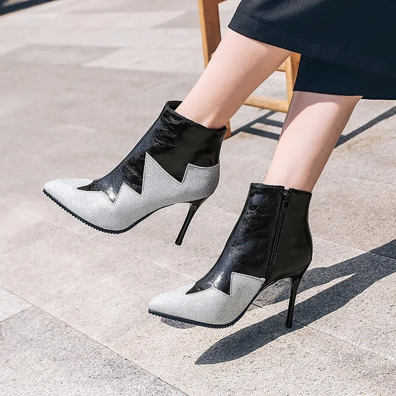 

2018 New Arrival Euramerican Fashion Winter Women Boots Basic Ankel Super High Thin Heels Pointed Toe Zip Bling Party Shoes
