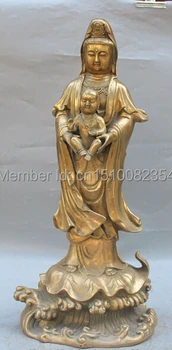 

23" Chinese Bronze Station Lotus Kwan-yin Guanyin Hold Tongzi Kid Buddha Statue