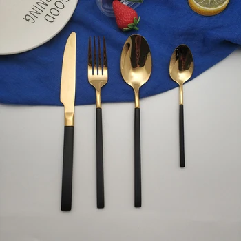 

Best Hot Sale 4 piece black and gold Dinnerware Set 304 Stainless Steel Western Cutlery Kitchen Food Tableware Dinner Set