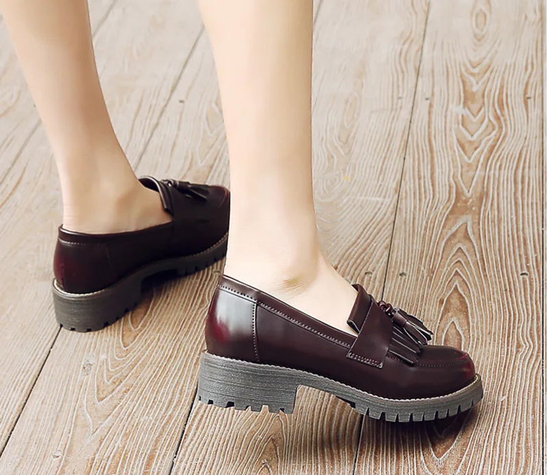 MCCKLE/Женская обувь с бахромой на низком каблуке и платформе; прошитая обувь без застежки на квадратном каблуке; школьная обувь для девочек; женская обувь размера плюс