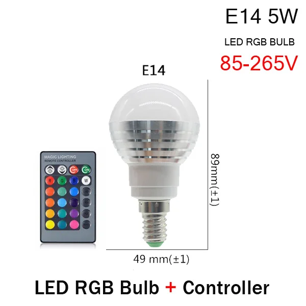 E27 E14 RGB светодиодный светильник, 16 цветов, волшебный светодиодный ночник, 85-265 в, светодиодный светильник с регулируемой яркостью, сценический светильник/24 кнопки дистанционного управления, праздничный светильник s - Испускаемый цвет: E14 5W RGB BULB