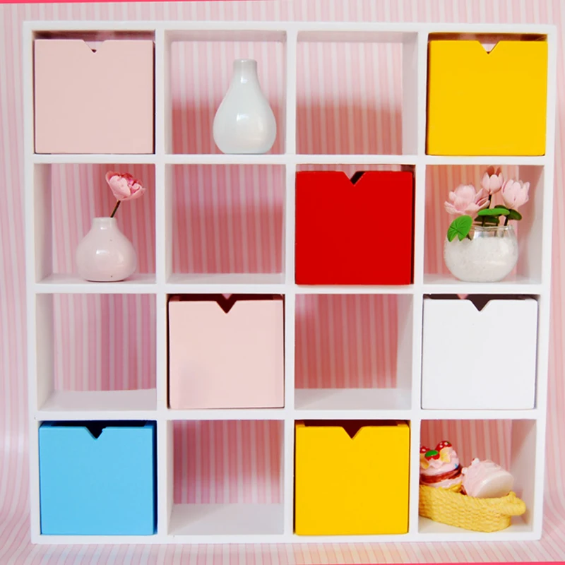 White 1: 12 Miniature Dollhouse Storage Rack 16 Grid Shelves Mini Furniture Doll House Accessories Children Diy Toy Gift