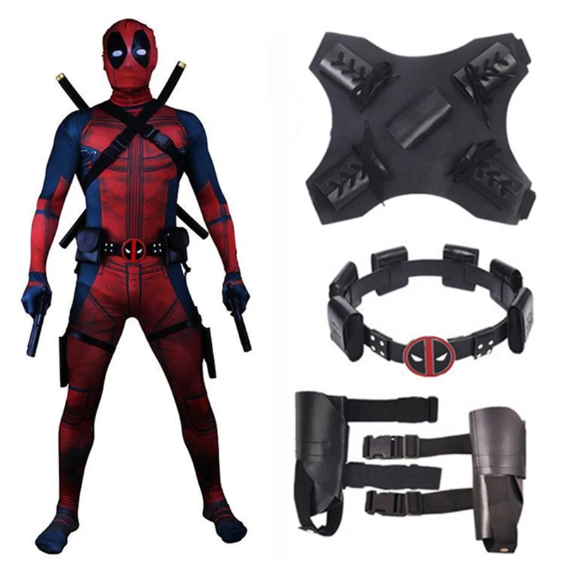 

2019 Deadpool Costume Adult Man Spandex Lycra Zentai Bodysuit Halloween Cosplay Suit Belt Headwear Mask Sword holster