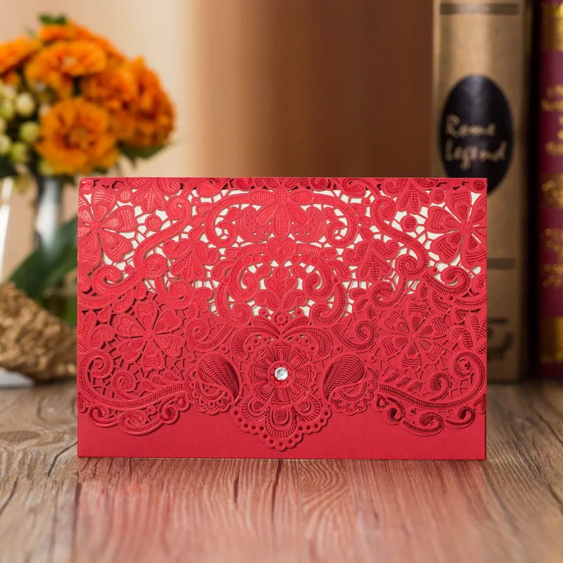  100pcs Gold Red Laser Cut Diamond Wedding Invitations Card Greeting Card Elegant Personalized Weddi
