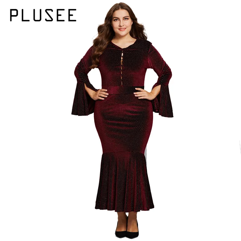 

PLUSEE High Quality Plus Size Polka Dots Velvet Women Dress Split Flare Long Sleeve Vintage Party Dresses Wine XL - 4XL 5XL