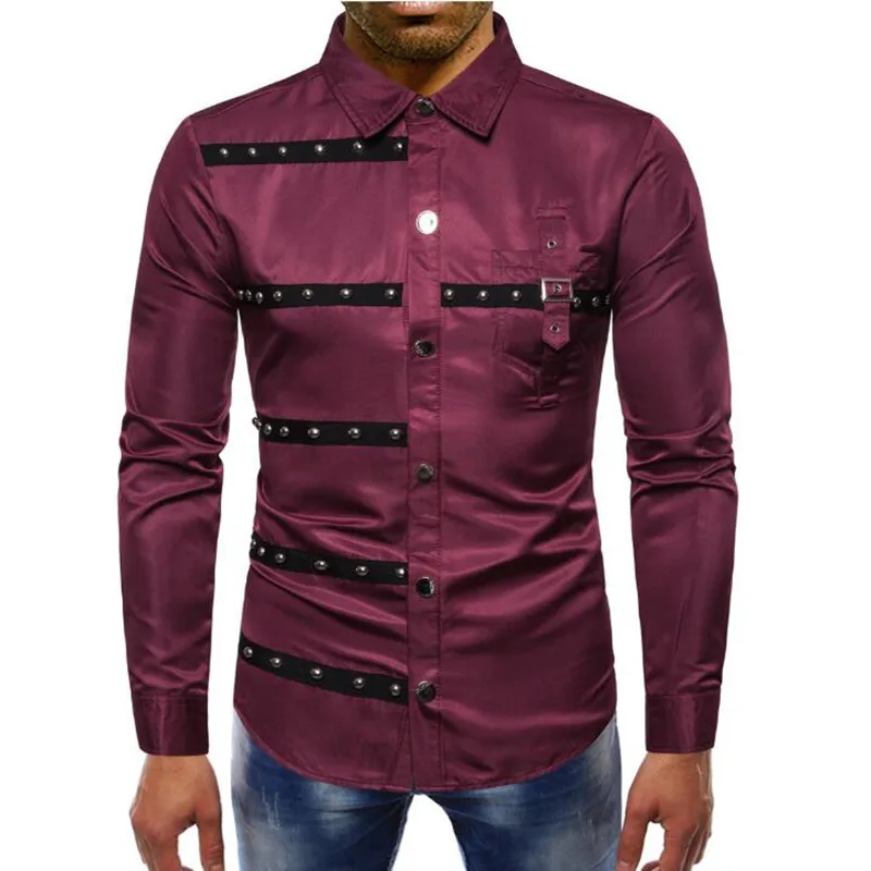 

2019 summer long sleeve personalized slim shirt men rivet long sleeve fashion casual retro style lapel shirt