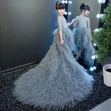 Элегантное пышное платье из тюля с длинным шлейфом и бусинами для девочек; платье с цветочным узором для девочек на свадьбу; вечерние платья принцессы для первого причастия