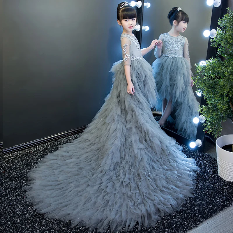 

Elegant Long Trailing Beaded Tulle Girls Pageant Dress Flower Girl Dress for Wedding Girl Party Princess First Communion Gowns