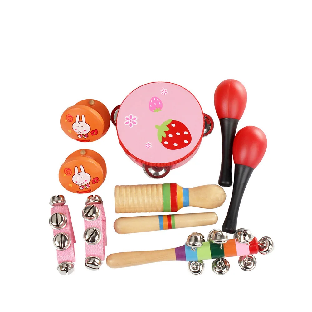 10 pz/set tapparello marejcastanetti Handbells Guiro Set strumento a percussione banda ritmo Kit per giocattolo musicale per bambini