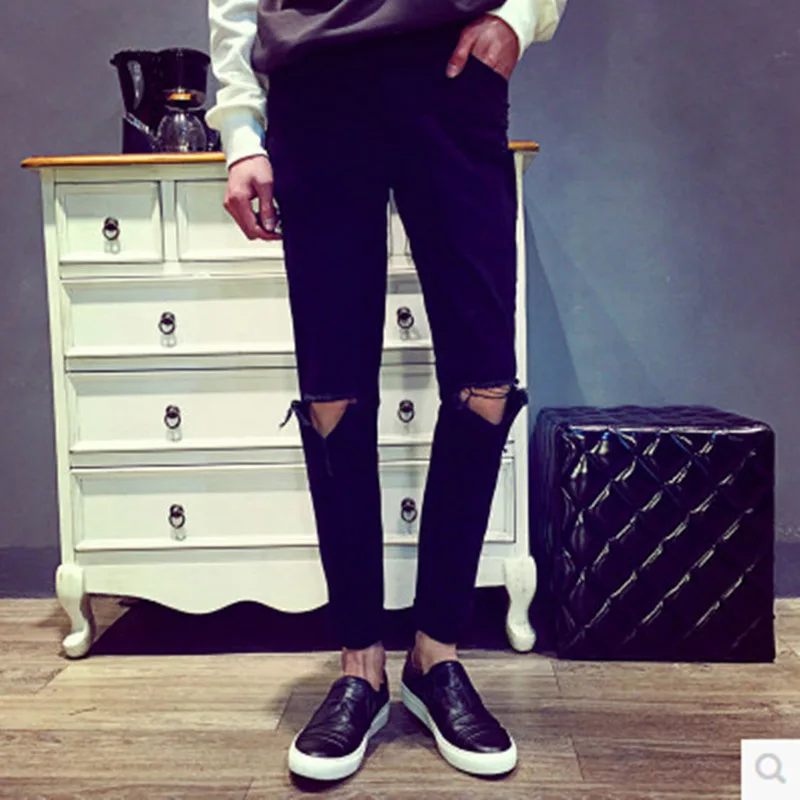 

Fashion 2017 Summer Knee hole jeans Men Strong personality Street City beggar Hip Hop Black Pencil pants Ankle Length Pants