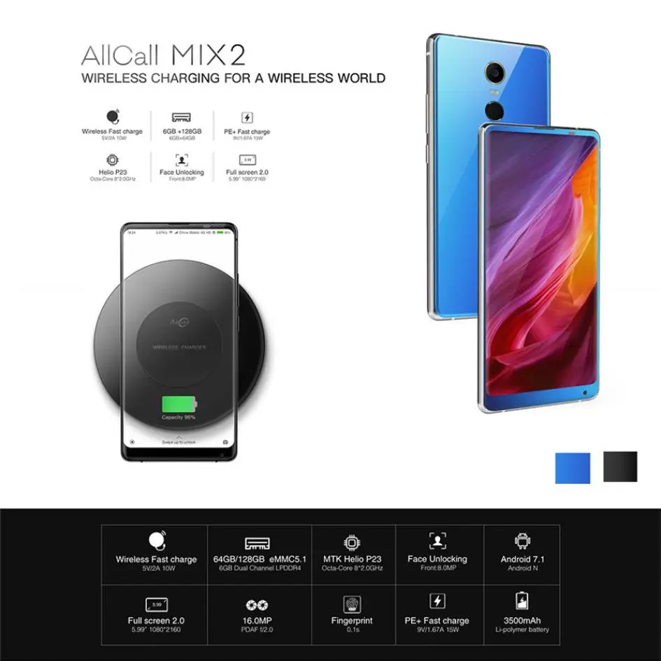 

AllCall MIX 2 4G Mobile Phone Face ID Wireless Charge 5.99 Android7.1 64GB E7A2 SmartPhone EU US Adapter Cellphone Drop Shipping