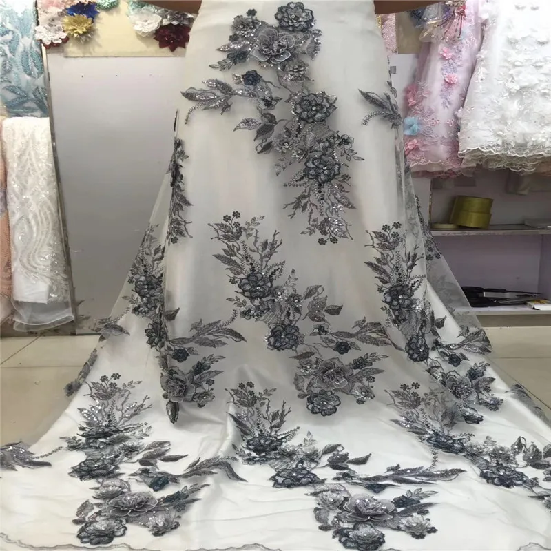 Green Wedding Dress Lace Fabric 3d Chiffon Flowers Nail Stones