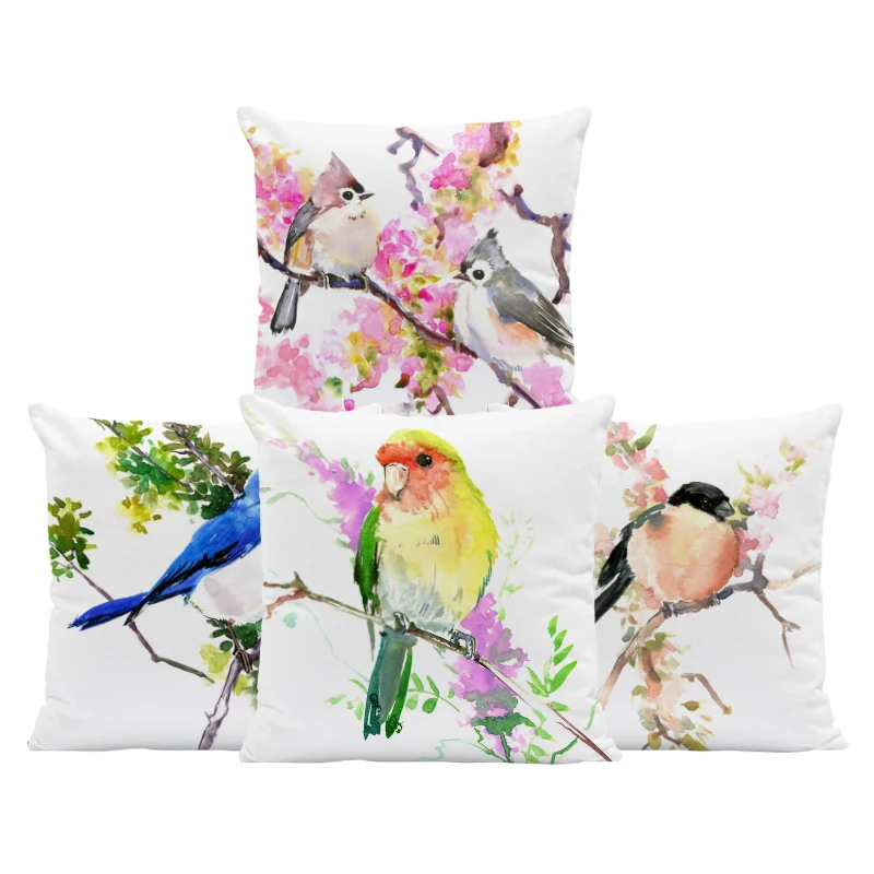

Pink Bird White Cushion Case Parrot Flower Animal Pillow Cover Green Art Cute Room For Kids Blue Throw Pillow Cases Large Velvet