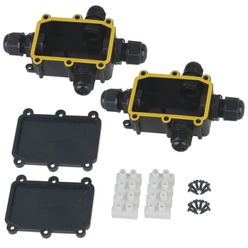 

2-Piece IP68 Waterproof Black Plastic Cable Wire Connector Gland Electrical 4-Cable 1 in 3 out Junction Box with Terminal