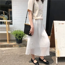 Однотонные модные летние тонкие юбки с высокой талией и эластичной резинкой на талии для школьниц, Женская юбка в горошек, свободные дизайнерские юбки макси