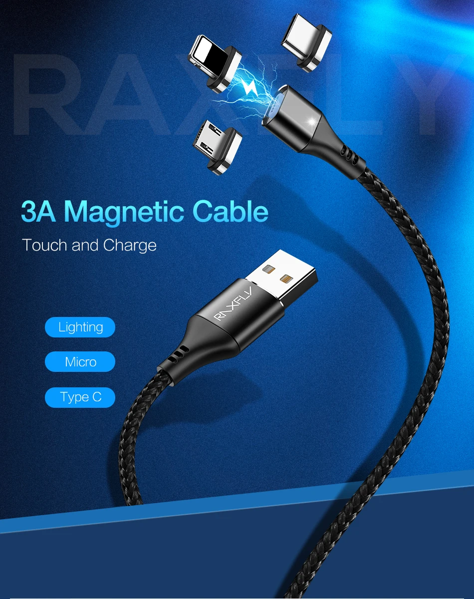 Магнитный кабель RAXFLY 3A, зарядное устройство для samsung S8 S9, Магнитный зарядный провод для huawei mate 20 Pro, магнитный Micro usb type-C кабель