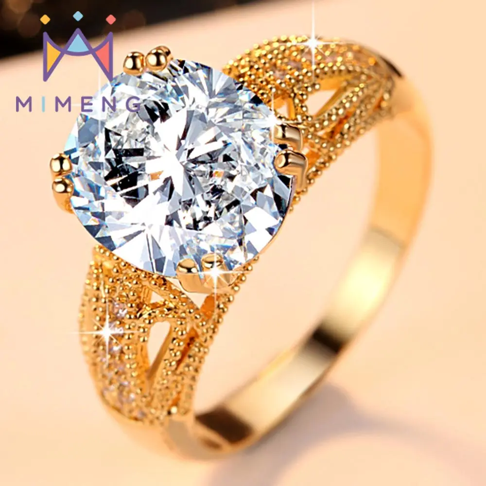 Classic style Big CZ Ring for Women Yellow Gold Color Hollow Ring with
