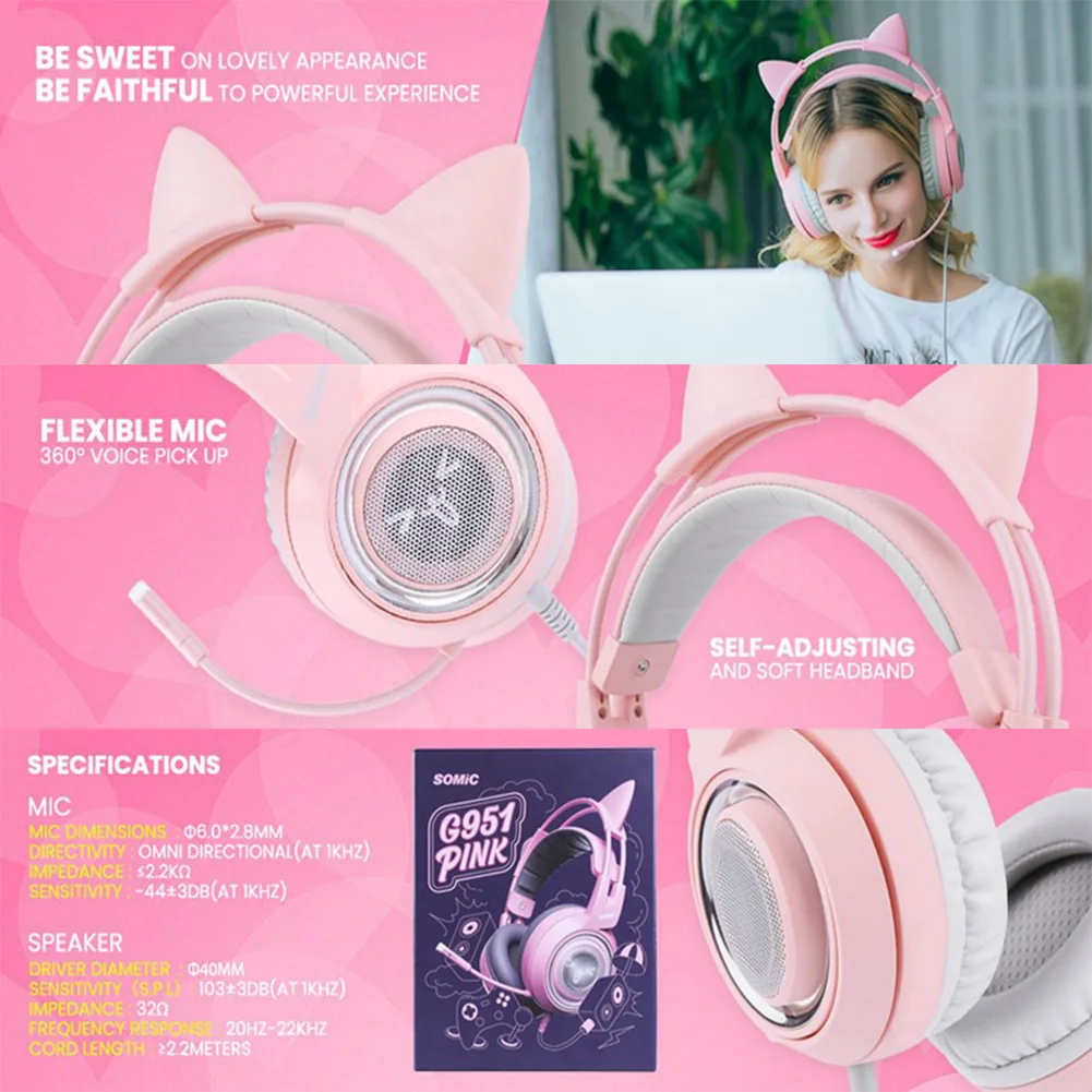 

Pink Cat Gaming set Detachable Wired Kids Mounted USB Plug Noise Canceling Vibration Gift Adjustable For SOMIC G951s