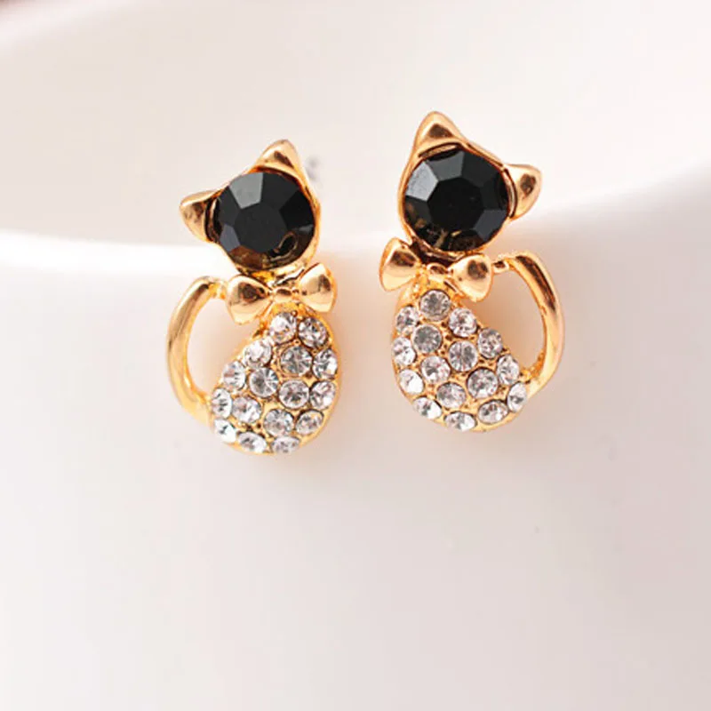 

LNRRABC Elegant Cute Bow Black Earrings Piercing Gold Color Rhinestones Crystal Cat Animal Ear Stud Jewlry Gift