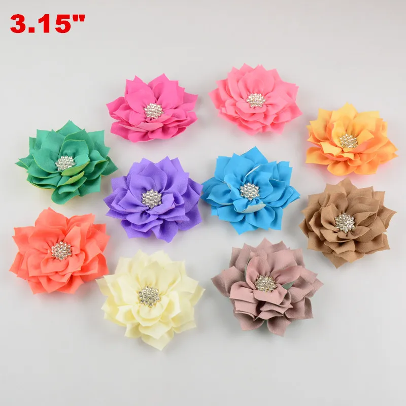 

50pcs/lot 3" Chiffon Fabric Flowers With Rhinestone Button Handmade Boutique Hair Flower Girls Garment Hair Accessories TH49