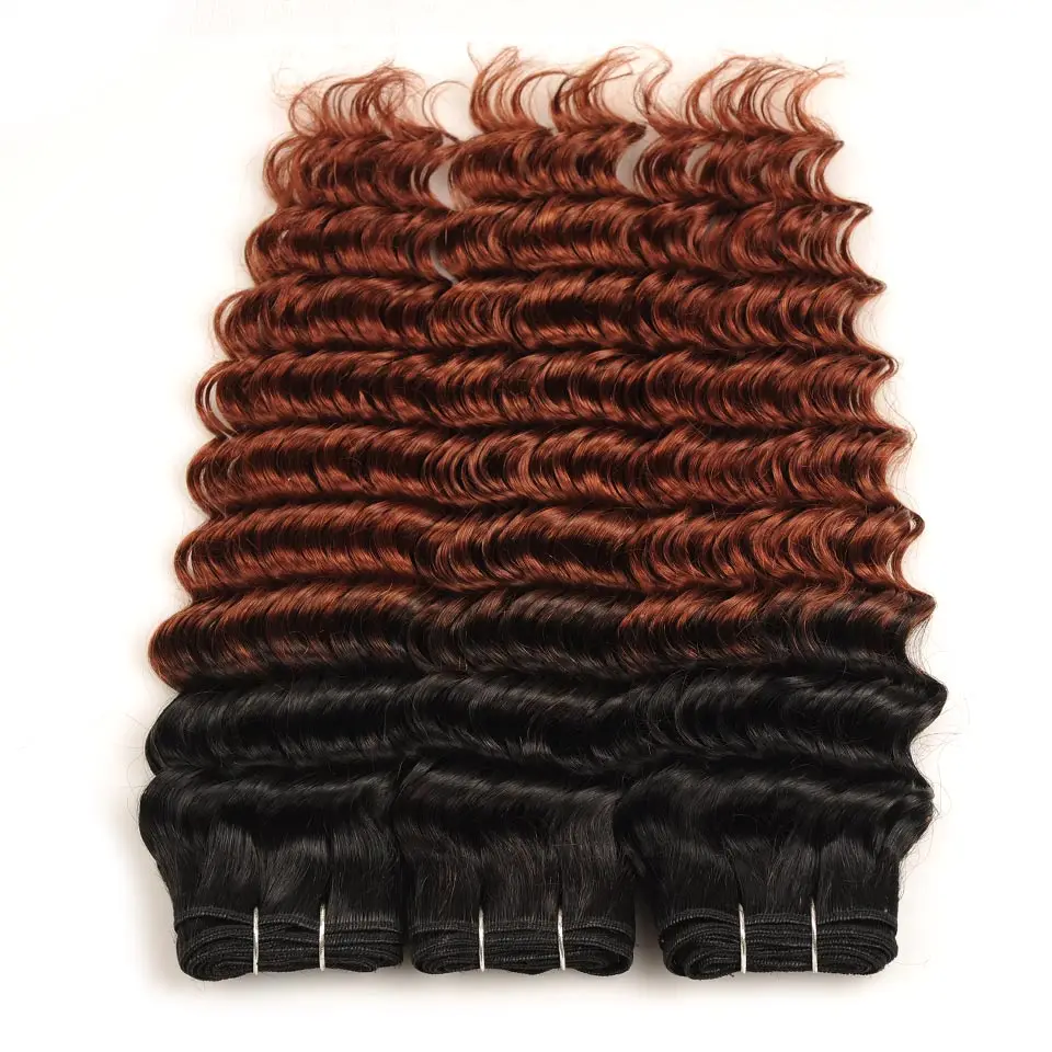 Pinshair Pre-Colored T1B33 Ombre Peruvian Deep Wave Hair 3 Bundles With 4X4 Lace Closure Middle Part 100% Human Hair  Non Remy (5)