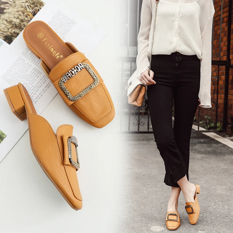 

Closed Toe loafers glitter metal decoration slippers famous brand platform sandals chunky mules med-high heels women's shoes
