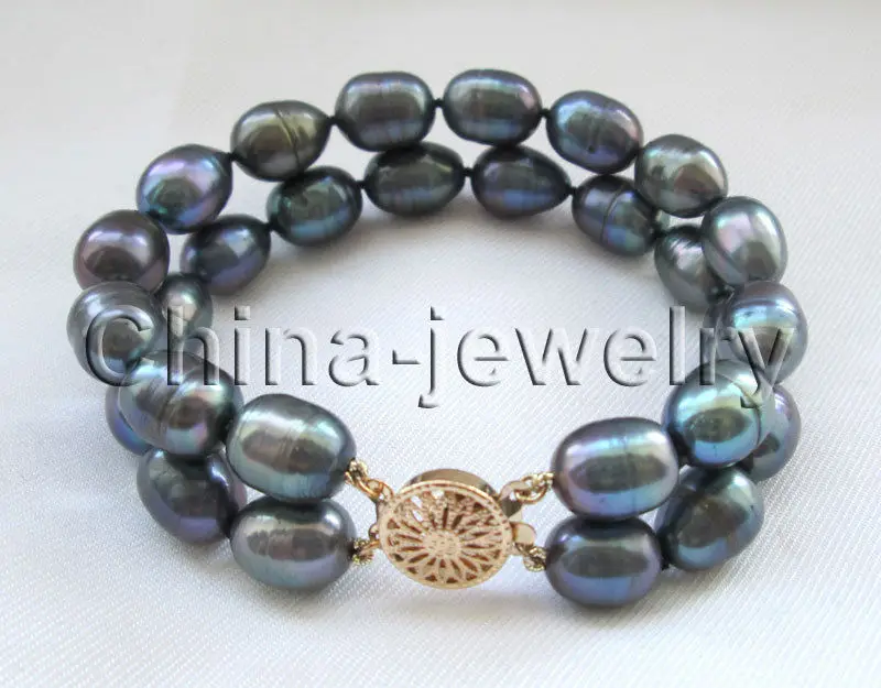 

Wholesale price 16new ^^^^8" 2row 11-12mm black rice shape freshwater pearl bracelet - 14k gold plated cla
