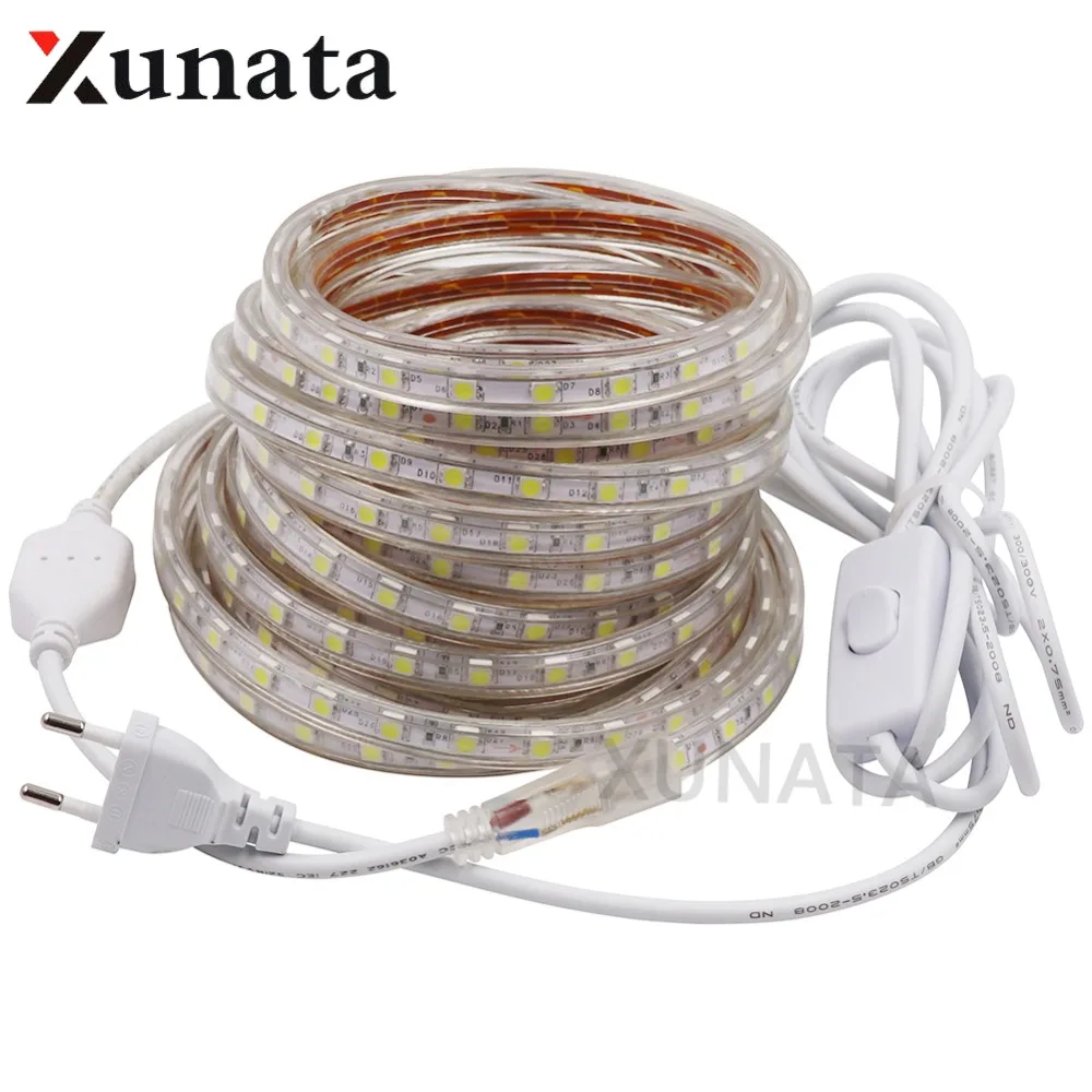 

AC220V LED Strip Light SMD 5050 60leds/m Red/Green/Blue/White/Warm IP67 Waterproof Flexible Led Tape Light with ON/OFF switch