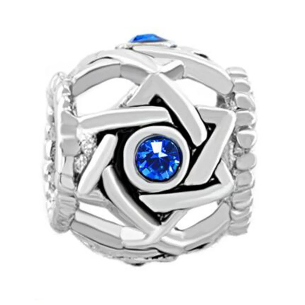 Филигранный браслет Пандора с голубыми кристаллами по месяцу рождения со звездой Давида барабанчика