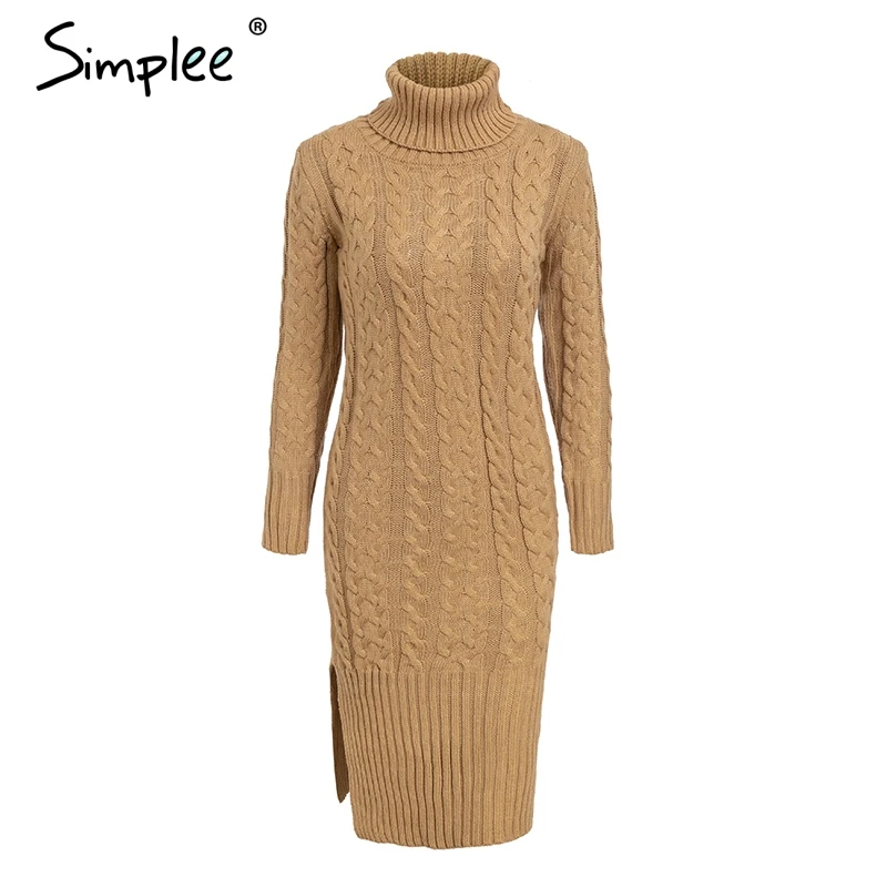 Simplee Elegant side split warm long sleeve women dress Turtleneck fit autumn winter sweater dress White dresses fashion 2018