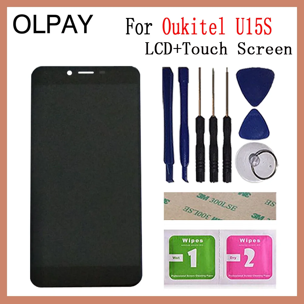 OLPAY 5.5 'جديد الأصلي ل Oukitel U15S الهاتف المحمول شاشة الكريستال السائل + مجموعة المحولات الرقمية لشاشة تعمل بلمس استبدال الزجاج شحن أدوات
