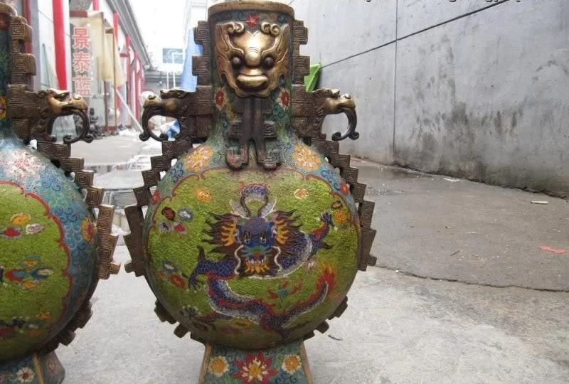 16 Китайский Королевский Бронзовый перегородчатой Дракон Foo Dog Водолей бутылки ваза пара