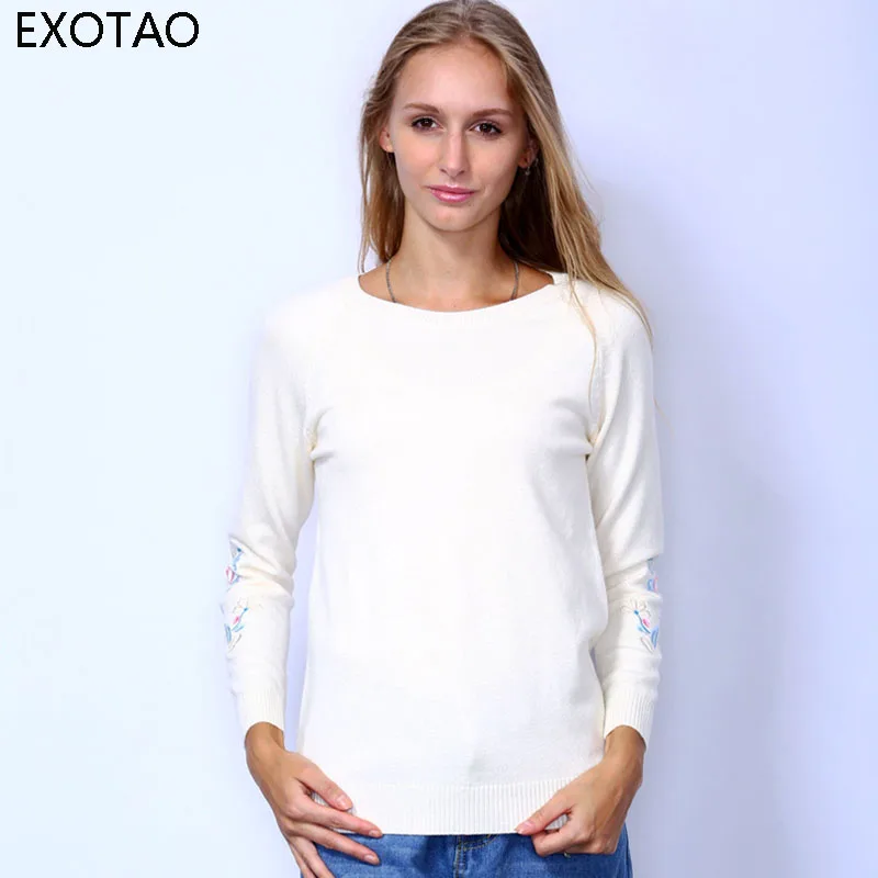 EXOTAO Autumn Winter Women Sweater Hot Flower Embroidery O-Neck Elastic Knitted Pull Femme Full Sleeved Soft Loose Ladies Tops | Женская