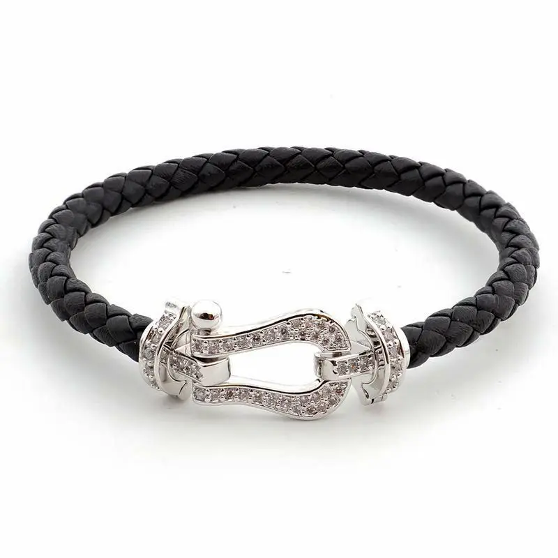 

Luxury Brand Women Ladies Charm Genuine Leather Bangles Unique Snap Button Stainless Steel CZ Bracelets Fashion Jewelry